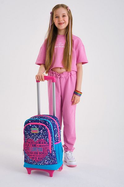 Coral High Rucsac școlar cu racletă cu trei compartimente pentru copii, violet, albastru, roz, cu model de inimă 23940