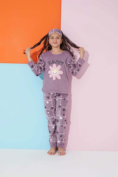 MEBA Girl's Gez Boy Daisy Pattern Plush Polar Pajama Set with Sleeping Headband as a Gift
