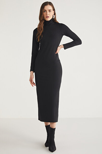 ETHIQUET Modest Katja Kadın Vücudu Tamamen Saran Slim Fit Dar Kesim Dik Yaka Midi Boy Siyah Elbise