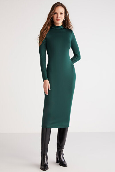 ETHIQUET Modest Katja Kadın Vücudu Tamamen Saran Slim Fit Dar Kesim Dik Yaka Midi Boy Yeşil Elbise