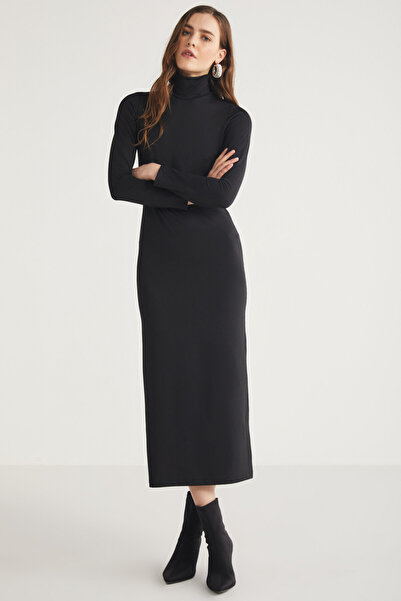 ETHIQUET Modest Katja Kadın Vücudu Tamamen Saran Slim Fit Dar Kesim Dik Yaka Midi Boy Siyah Elbise