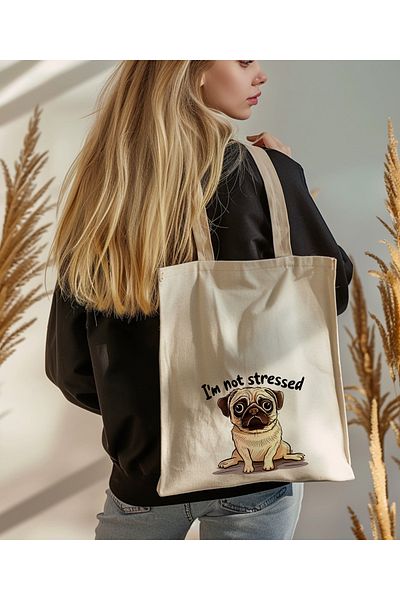 Baskımer Pug Themed I'm Not Stressed Printed 100% Cotton Canvas Tote Bag 35x40 cm