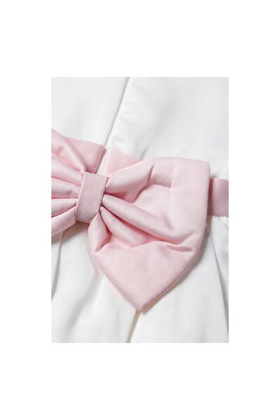 Şirin Şeyler Butiği Diana μακρυμάνικο ροζ φιόγκο Κοριτσίστικο λευκό κομψό φόρεμα Scallop φόρεμα Scalloped