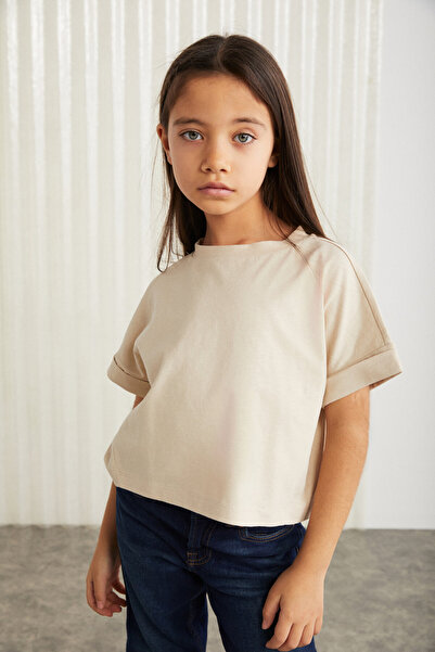 GRIMELANGE Μπεζ μπλουζάκι Verena για κορίτσι 100% βαμβακερό με διπλό μανίκι διακοσμητικό μπλουζάκι