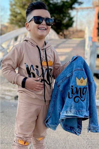 Riccotarz Boy's Denim Jacket King Printed Hooded Beige Tracksuit Set