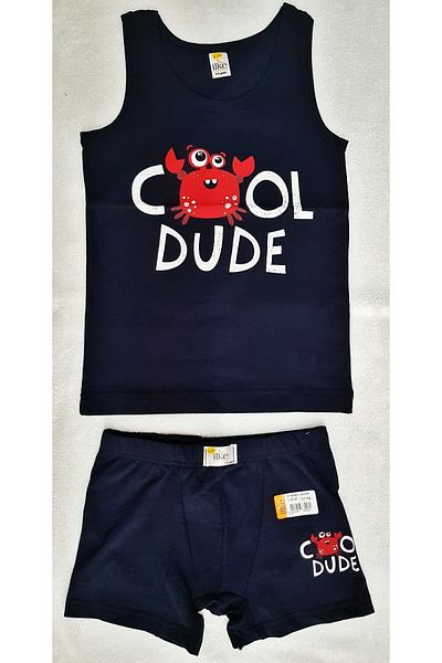 İlke Boy's Navy Blue Color Front Print Patterned Cotton Undershirt & Boxer Set