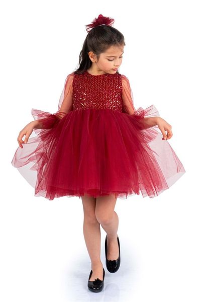 Mnk Sequined Tulle Girl's Dress Claret Red