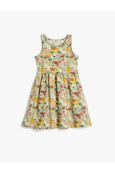 Koton Girl's Midi Dress Sleeveless Round Neck Butterfly Printed Cotton