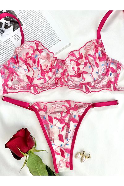 Arinda Garden Fuchsia Underwire Embroidery Cupless Pink Underwear Set