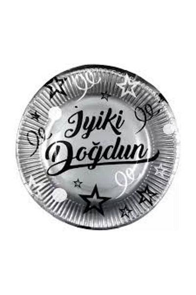 TATLI GÜNLER Happy Birthday Silver Cardboard Plate 8 Pieces Party Supplies