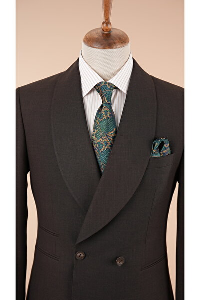 LONATOLİA Erkek Kruvaze Takım Elbise Şal Yaka İtalyan Stil Slim Fit Ceket Pantolon-Acı Kahve