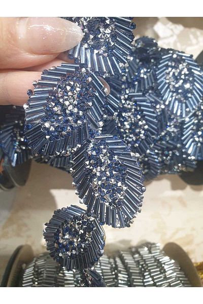 ESRA ŞELEM Iron-On Dark Blue Color Leaf Pattern Stoned Decorative Strip Accessory