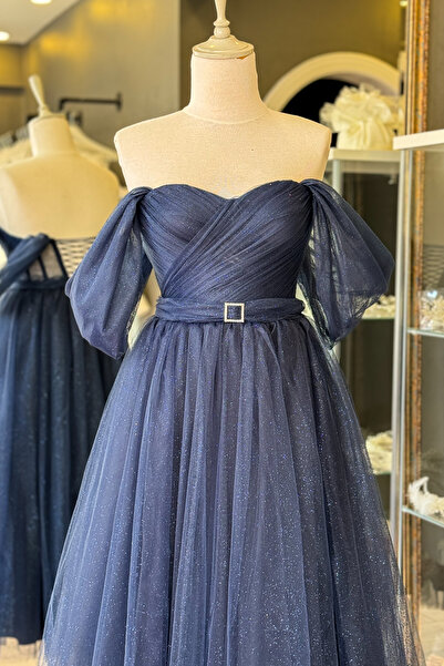 Lenta Moda Lacivert Simli Drapeli Midi Boy Kemer Detaylı Transparan Abiye ve Gece Elbisesi