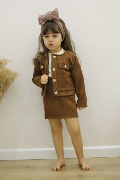 Tarz Çocuk Girl's Suede Jacket Skirt Bady Three Piece Style Set