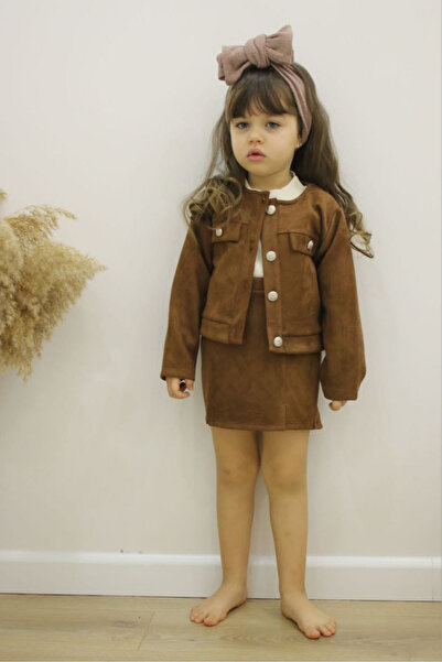 Tarz Çocuk Girl's Suede Jacket Skirt Bady Three Piece Style Set