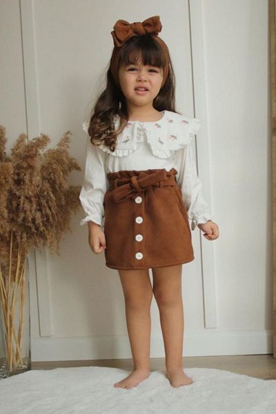 Tarz Çocuk Suede Skirt Flower Collar Girl's Set