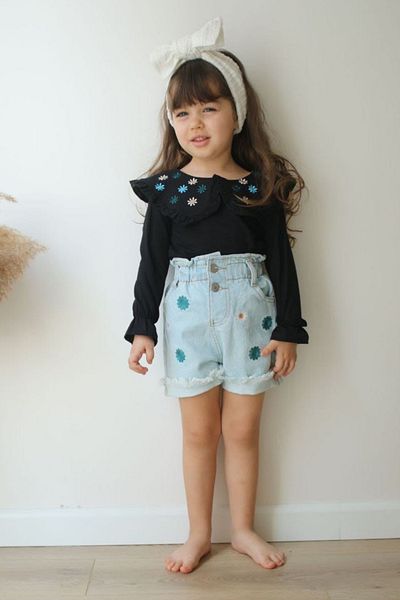 Tarz Çocuk Girl's Daisy Embroidery Denim Shorts Bady Style Set