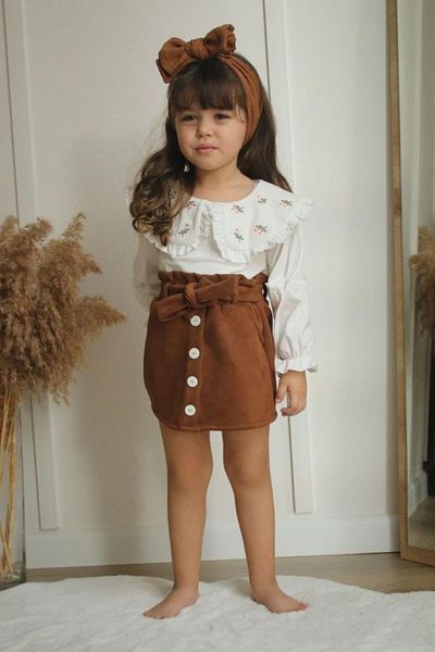 Tarz Çocuk Suede Skirt Flower Collar Girl's Set