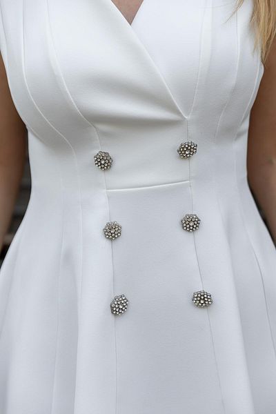 vuvutasarım Women's Button Detailed Sleeveless Double Breasted Collar White Flared Evening Dress Dress Graduation Dress 9347