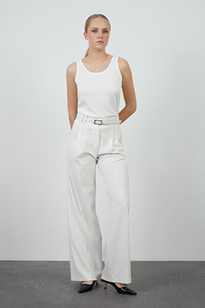 GİZİA Beli Deri Kemerli Ekru Palazzo Pantolon