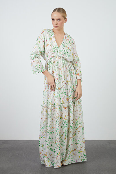 GİZİA Uzun Kollu V Yaka Uzun Çiçek Desenli Ekru Elbise