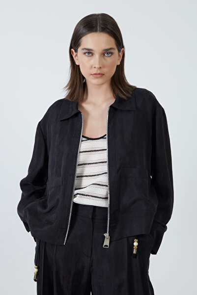 GİZİA Önü Fermuarlı Gömlek Yaka Siyah Ceket