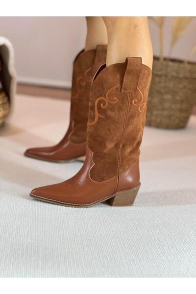 SHOEMARK Maisy Taba Nakış Detaylı Süet Western Çizme