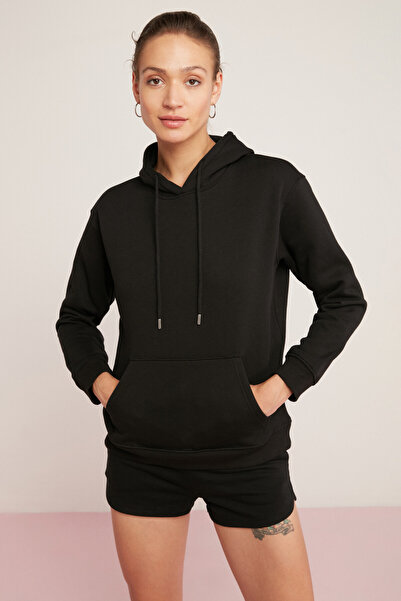 ETHIQUET Γυναικεία μαλακή μπλούζα από χοντρό ύφασμα Abelia με κουκούλα, άνετη εφαρμογή, μαύρο φούτερ με φλις μέσα