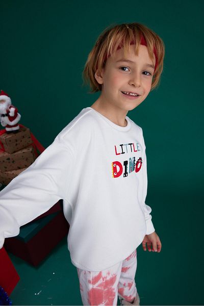 LUESS Boy's Colorful Embroidery Detailed Sweatshirt Batik Washed Sweatpants 2 Piece Set 2Years-8Years