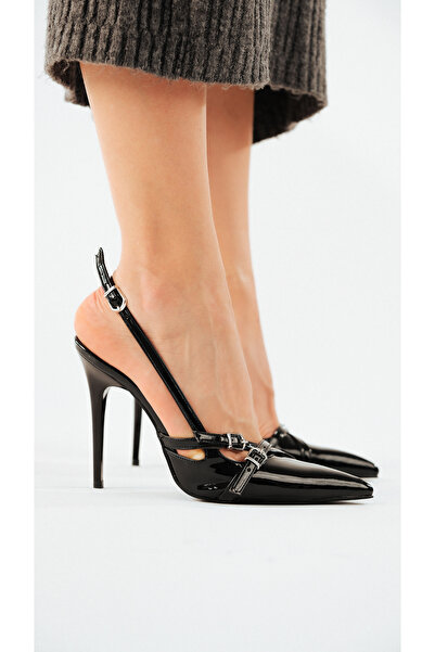 AYAKKABI PRENSİ Lani Buckle Detailed Black Patent Leather Black 10 cm Women's Stiletto, Heeled Shoes