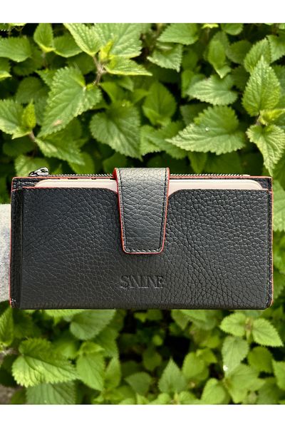 SANLINE Black/Red Genuine Leather Wallet with Phone Compartment for Women - Hand Portfolio
