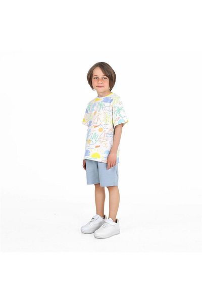 LUESS Boy's Colorful Patterned White Blue Bottom and Top Set