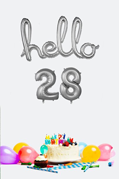 PEKSHOP 28 Yaş Doğum Günü Balonları - Hello 28 El Yazısı Gümüş Renk Folyo Balon