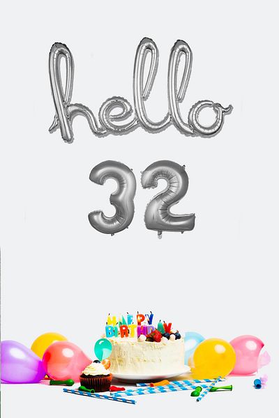 PEKSHOP 32 Years Birthday Balloons - Hello 32 Handwritten Silver Color Foil Balloon