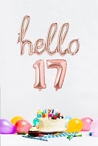 PEKSHOP 17 Yaş Doğum Günü Balonları - Hello 17 El Yazısı Rose Gold Renk Folyo...