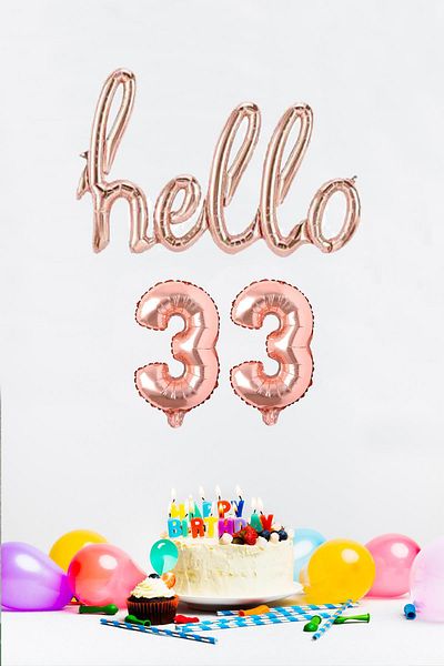 PEKSHOP 33 Years Birthday Balloons - Hello 33 Handwritten Rose Gold Color Foil Balloon