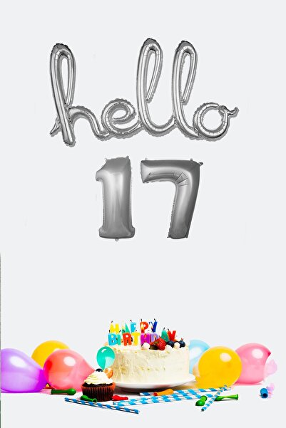 PEKSHOP 17 Yaş Doğum Günü Balonları - Hello 17 El Yazısı Gümüş Renk Folyo Balon