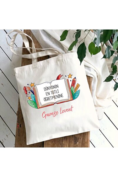 PEKSHOP İsme Özel Baskılı Öğretmenler Günü Omuz Çantası Bez Çanta En Tatlı Öğ...