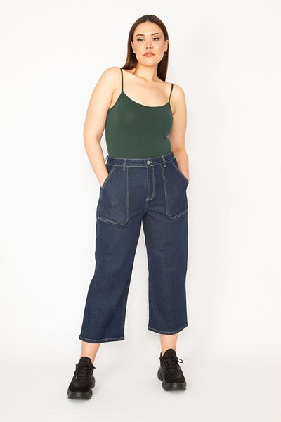 Şans Tekstil Women's Navy Blue High Waist Ankle Length Jeans with Pocket Detail 85n7045
