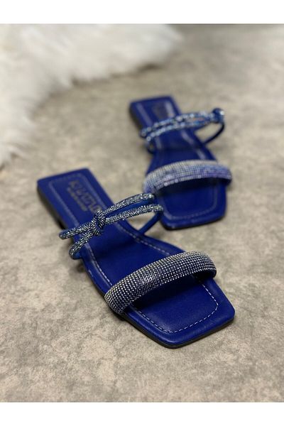 İmerShoes Papuci albaștri de zi cu zi pentru femei cu o singură curea și toc mic, vârf tocit, talpă confortabilă, ușoară 09