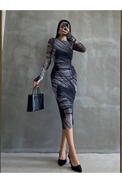 bymaestro woman Γυναικείο φόρεμα από τούλι με μοτίβο μίντι με επένδυση