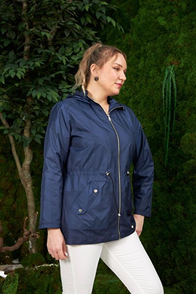 RMG Large Size Navy Blue Trench Coat with Mesh Detail