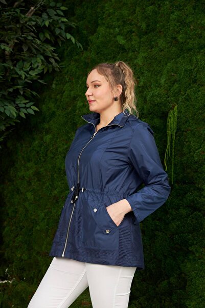 RMG Large Size Navy Blue Trench Coat with Mesh Detail
