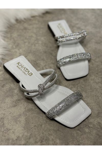 İmerShoes Καθημερινές γυναικείες λευκές παντόφλες μονό λουράκι με πέτρα με χαμηλό τακούνι άνετη σόλα ελαφριά 09