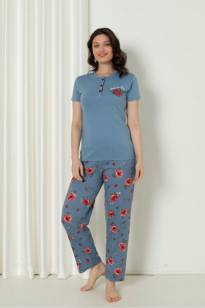 Wordex Set de pijamale pentru femei Mr 4126 din bumbac, cu mânecă scurtă, cu flori