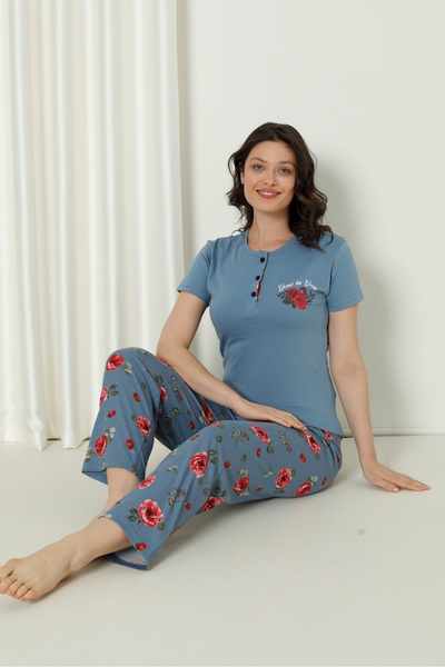 Wordex Set de pijamale pentru femei Mr 4126 din bumbac, cu mânecă scurtă, cu flori