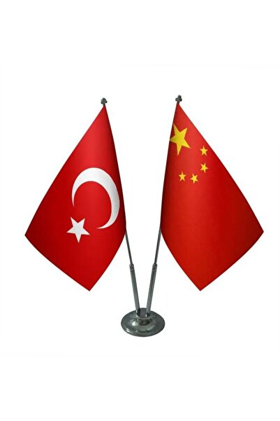 Genel Markalar Çin Halk Cumhuriyeti - Türkiye Ikili Krom Direkli Masa Bayrağı Seti