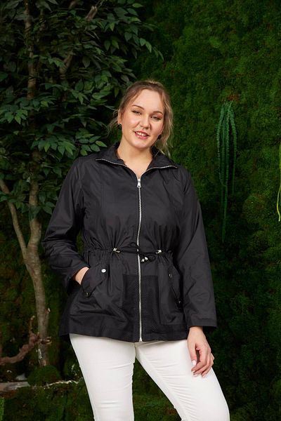 RMG Large Size Black Trench Coat with Mesh Detail