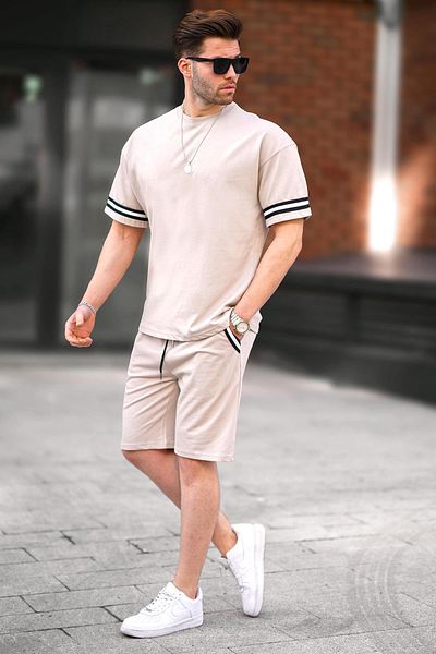 Madmext Beiges Shorts-Set mit Rundhalsausschnitt für Herren 5951