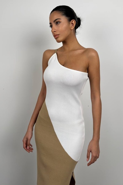 bayansepeti Rochie tricotaje cu fante dublu culoare alb bej 23S25025